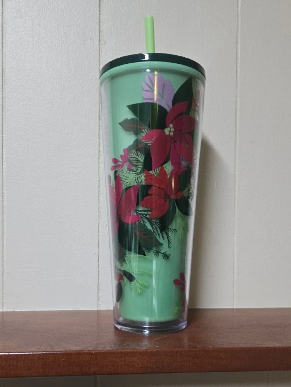 Starbucks Mint Green Tumbler with Pink Floral Design and Dark Green Lid
